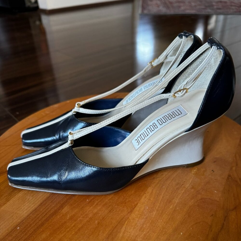 Strappy Blue & Cream Leather Wedge Heels -- Women’s 6.5 -- Nautical Preppy